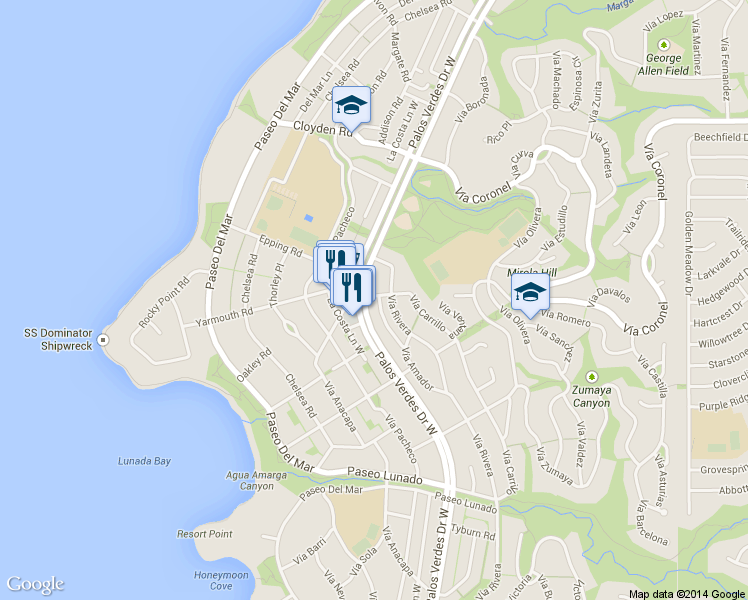 map of restaurants, bars, coffee shops, grocery stores, and more near 2301 Vía Rivera in Palos Verdes Estates