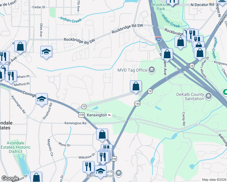map of restaurants, bars, coffee shops, grocery stores, and more near 712 Avondale Hills Drive in Decatur