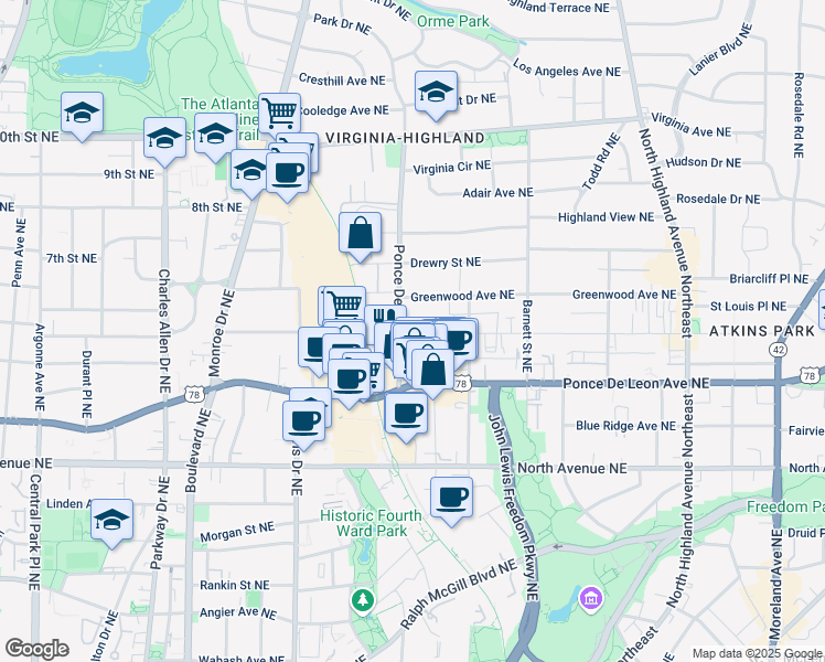 map of restaurants, bars, coffee shops, grocery stores, and more near 738 Saint Charles Avenue Northeast in Atlanta