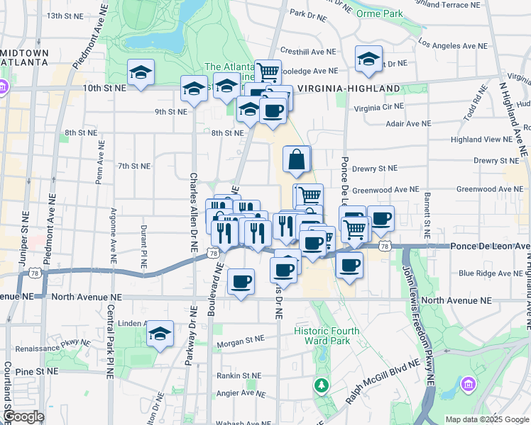 map of restaurants, bars, coffee shops, grocery stores, and more near 550 Saint Charles Avenue Northeast in Atlanta