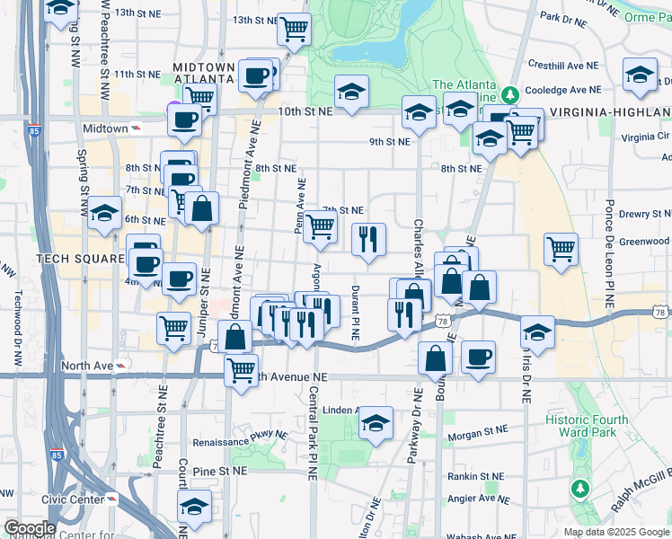 map of restaurants, bars, coffee shops, grocery stores, and more near 332 5th Street Northeast in Atlanta