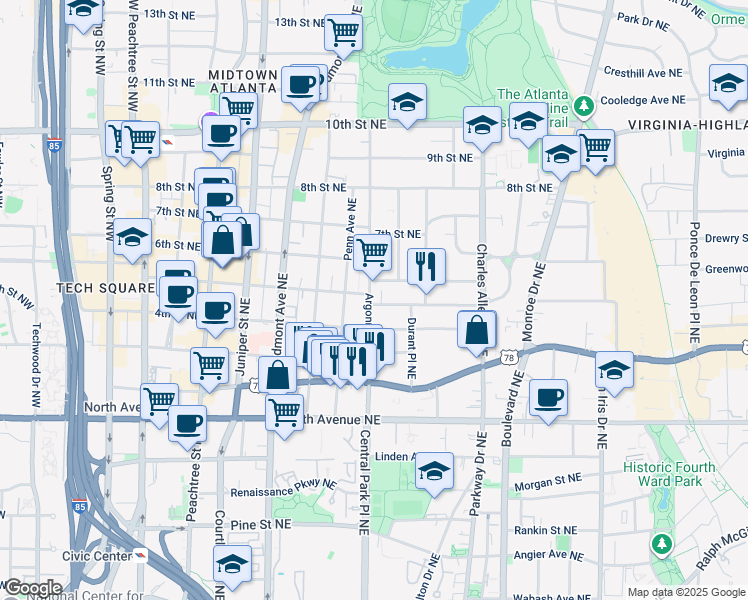 map of restaurants, bars, coffee shops, grocery stores, and more near 764 Argonne Avenue Northeast in Atlanta
