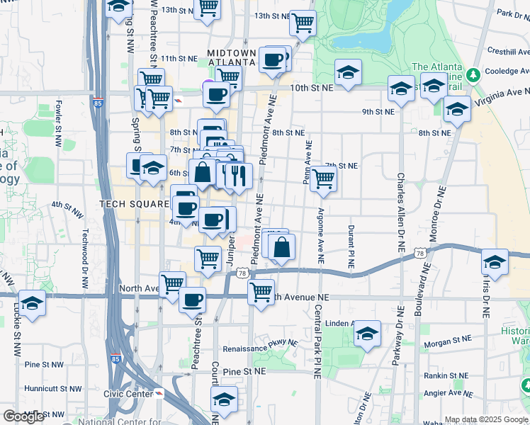 map of restaurants, bars, coffee shops, grocery stores, and more near 767 Piedmont Avenue Northeast in Atlanta