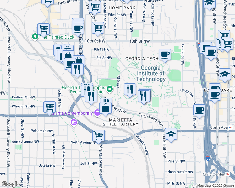 map of restaurants, bars, coffee shops, grocery stores, and more near 765 Ferst Drive Northwest in Atlanta