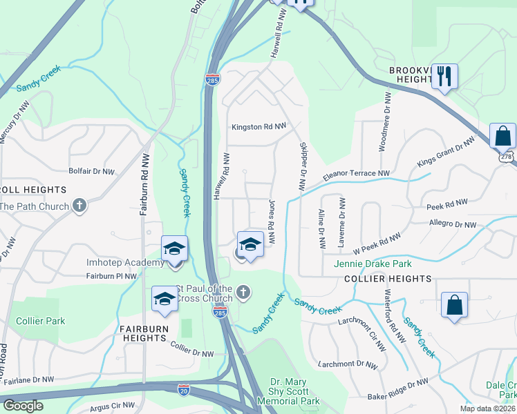 map of restaurants, bars, coffee shops, grocery stores, and more near 3229 Vanderbilt Lane Northwest in Atlanta