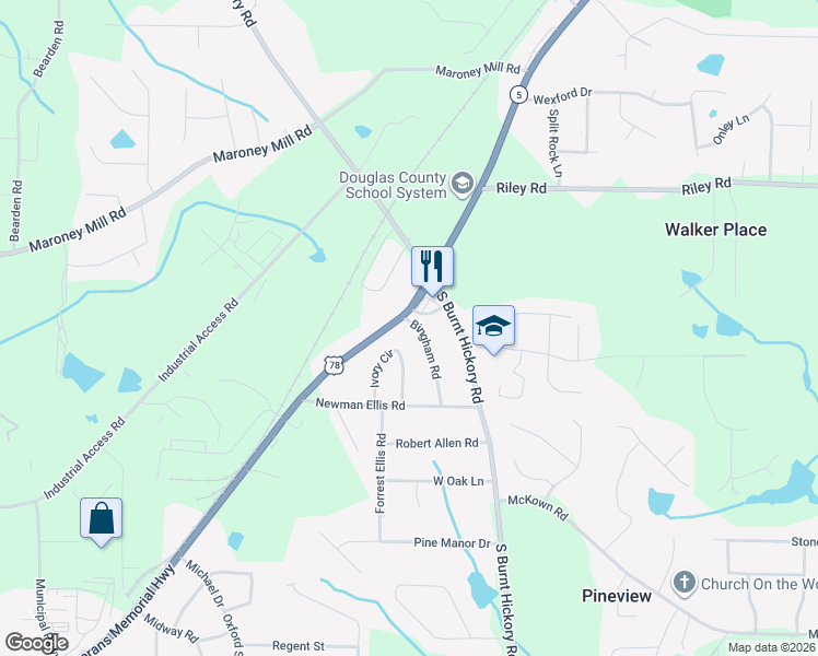 map of restaurants, bars, coffee shops, grocery stores, and more near 4115 Bankhead Highway in Douglasville
