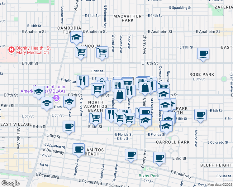 map of restaurants, bars, coffee shops, grocery stores, and more near 1613 East 7th Street in Long Beach