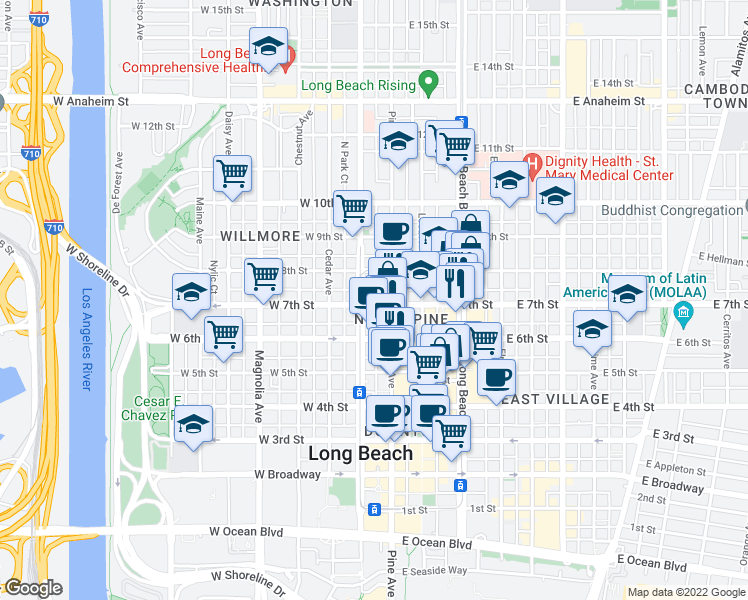 map of restaurants, bars, coffee shops, grocery stores, and more near 127 West 7th Street in Long Beach
