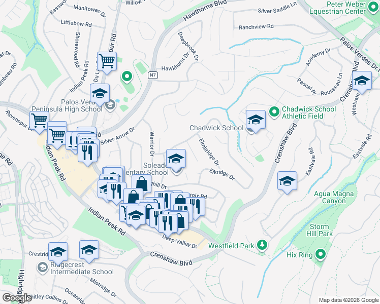 map of restaurants, bars, coffee shops, grocery stores, and more near 27427 Larchbluff Drive in Rancho Palos Verdes