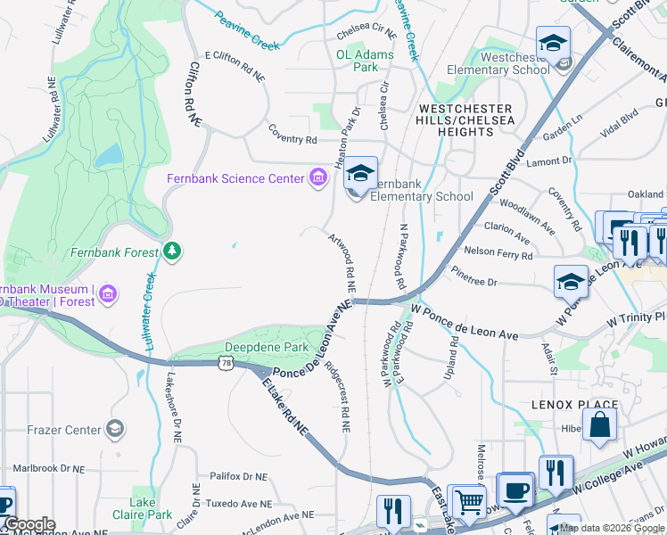 map of restaurants, bars, coffee shops, grocery stores, and more near 874 Artwood Road Northeast in Atlanta