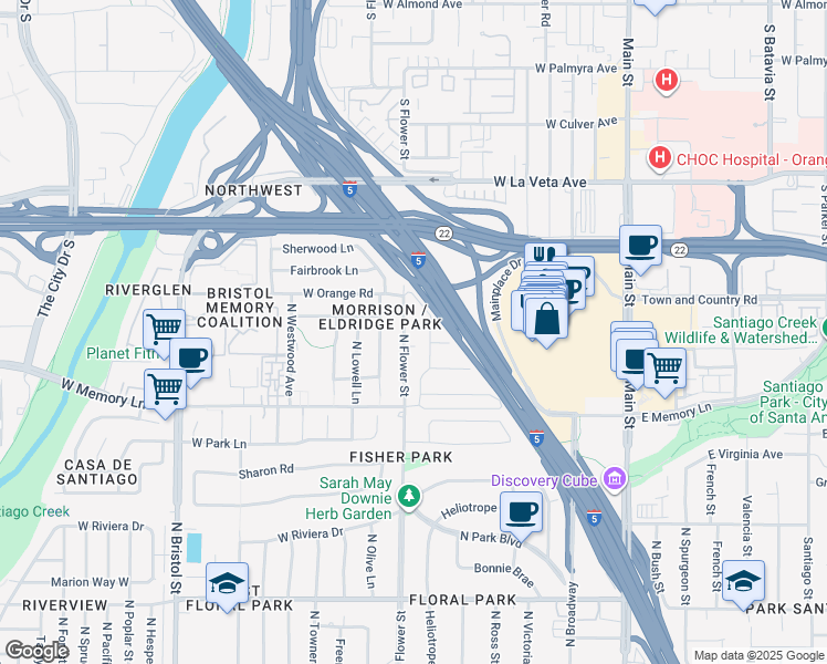 map of restaurants, bars, coffee shops, grocery stores, and more near 2817 North Flower Street in Santa Ana
