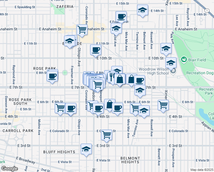 map of restaurants, bars, coffee shops, grocery stores, and more near 3535 East 7th Street in Long Beach
