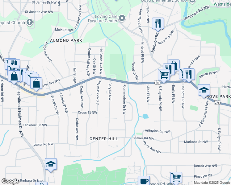 map of restaurants, bars, coffee shops, grocery stores, and more near 757 Gary Road Northwest in Atlanta