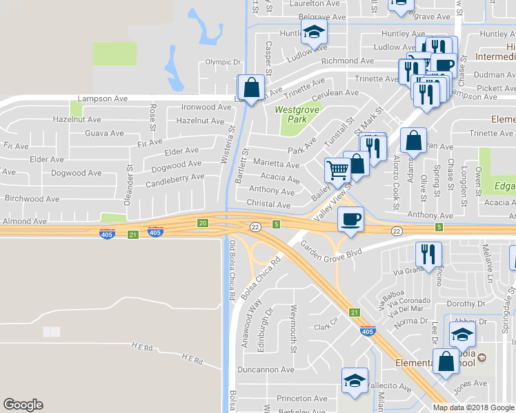 map of restaurants, bars, coffee shops, grocery stores, and more near 5262 Christal Avenue in Garden Grove