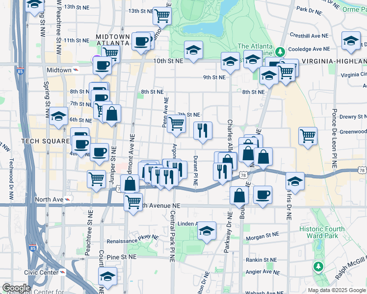 map of restaurants, bars, coffee shops, grocery stores, and more near 318 5th Street Northeast in Atlanta