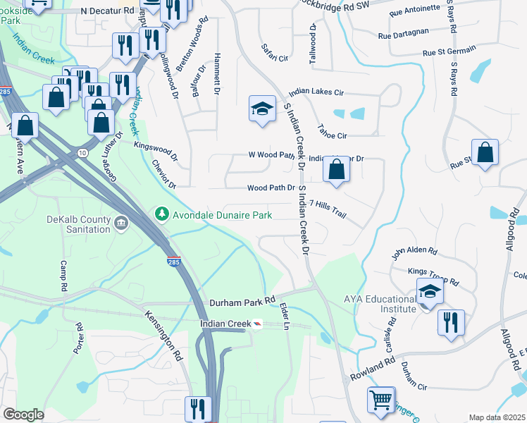 map of restaurants, bars, coffee shops, grocery stores, and more near 3927 Springleaf Drive in Stone Mountain