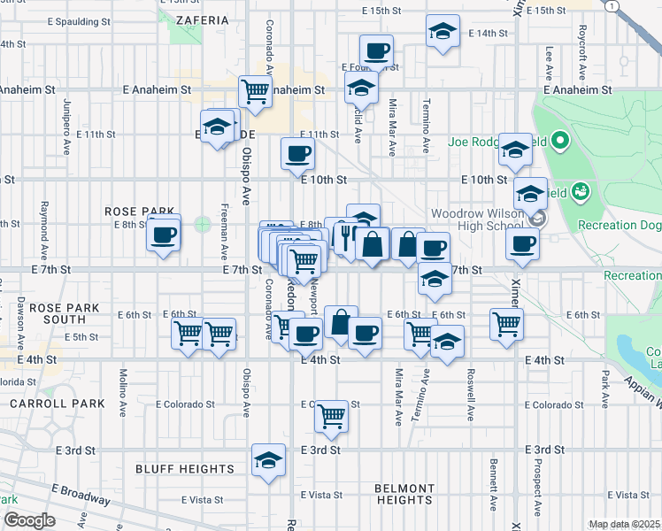 map of restaurants, bars, coffee shops, grocery stores, and more near 3535 East 7th Street in Long Beach