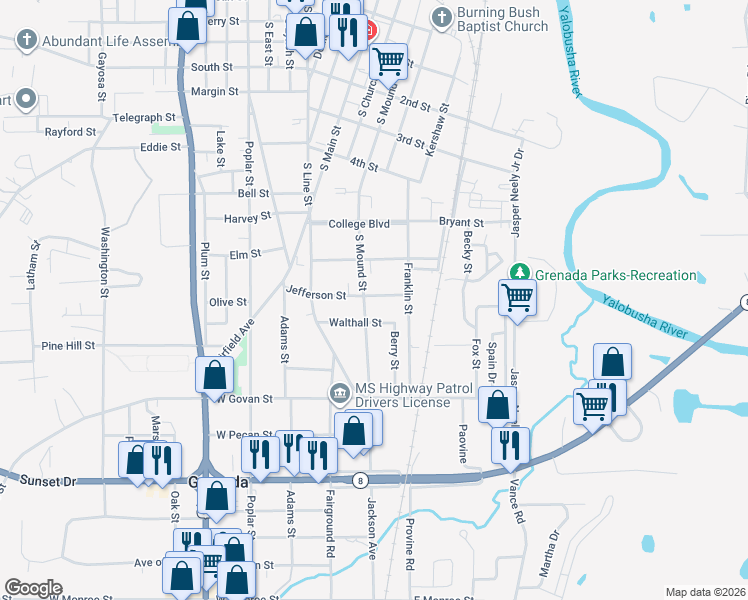 map of restaurants, bars, coffee shops, grocery stores, and more near 329 Jefferson Street in Grenada