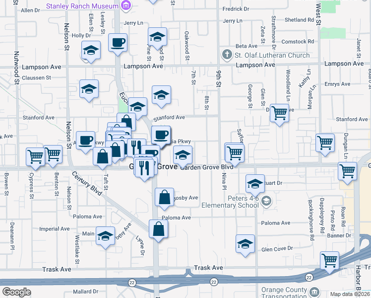 map of restaurants, bars, coffee shops, grocery stores, and more near 12892 Civic Center Drive in Garden Grove