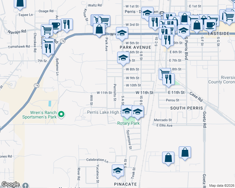 map of restaurants, bars, coffee shops, grocery stores, and more near 1105 Perrisito St in Perris