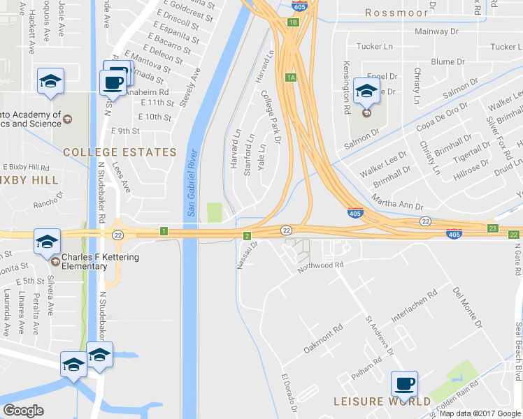 map of restaurants, bars, coffee shops, grocery stores, and more near 405 Purdue Circle in Seal Beach