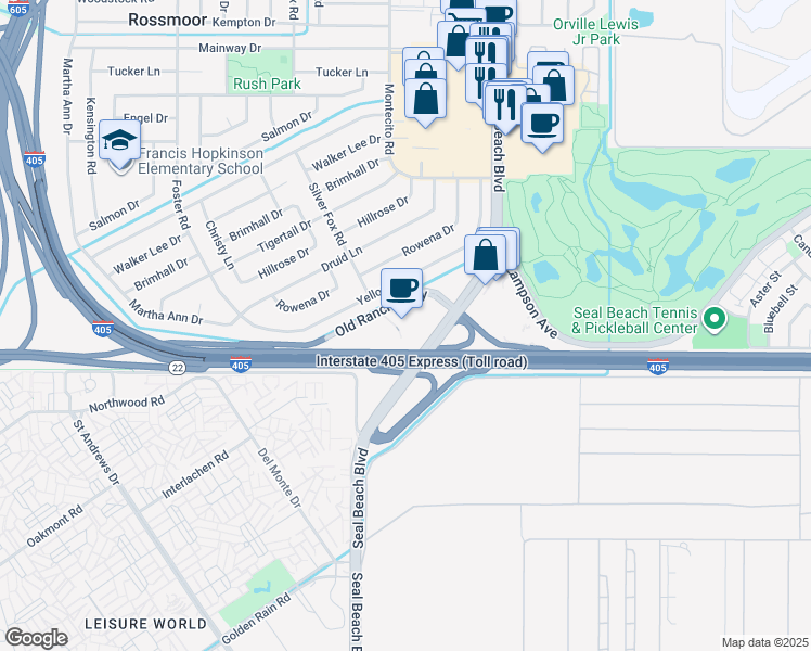 map of restaurants, bars, coffee shops, grocery stores, and more near 3020 Old Ranch Parkway in Seal Beach