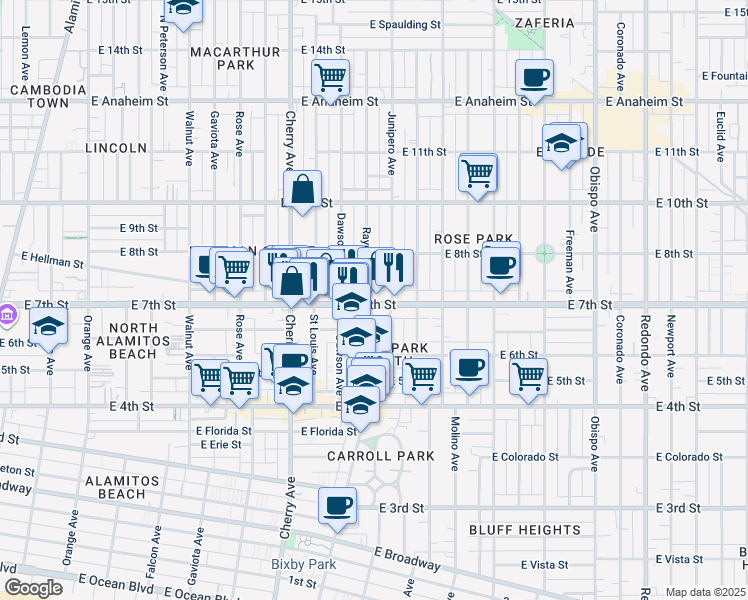 map of restaurants, bars, coffee shops, grocery stores, and more near 2309 East 7th Street in Long Beach