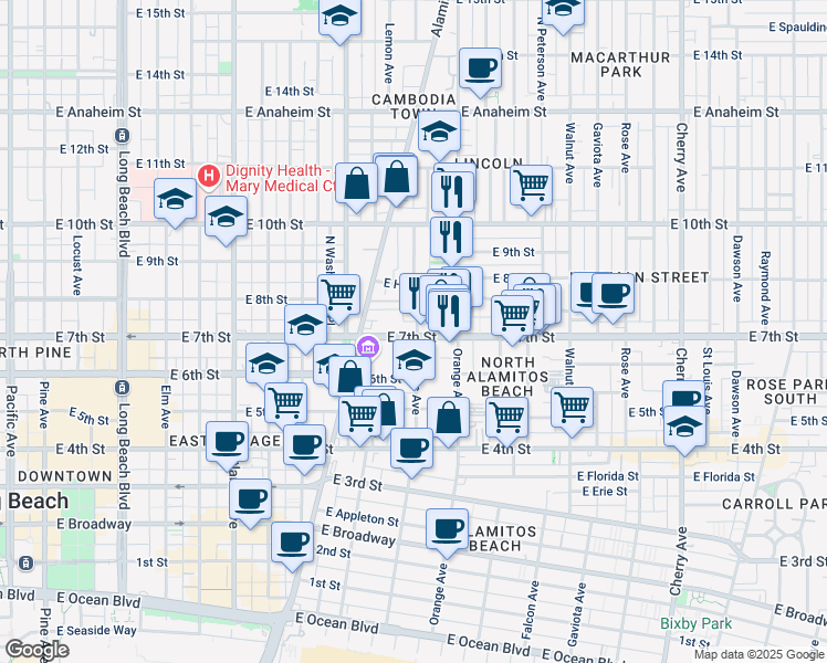 map of restaurants, bars, coffee shops, grocery stores, and more near 1041 East 7th Street in Long Beach