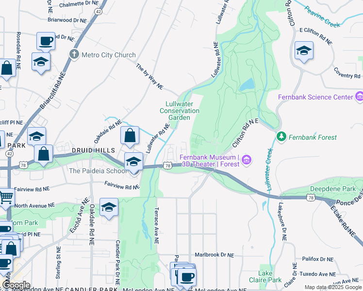 map of restaurants, bars, coffee shops, grocery stores, and more near 1634 Ponce De Leon Avenue Northeast in Atlanta