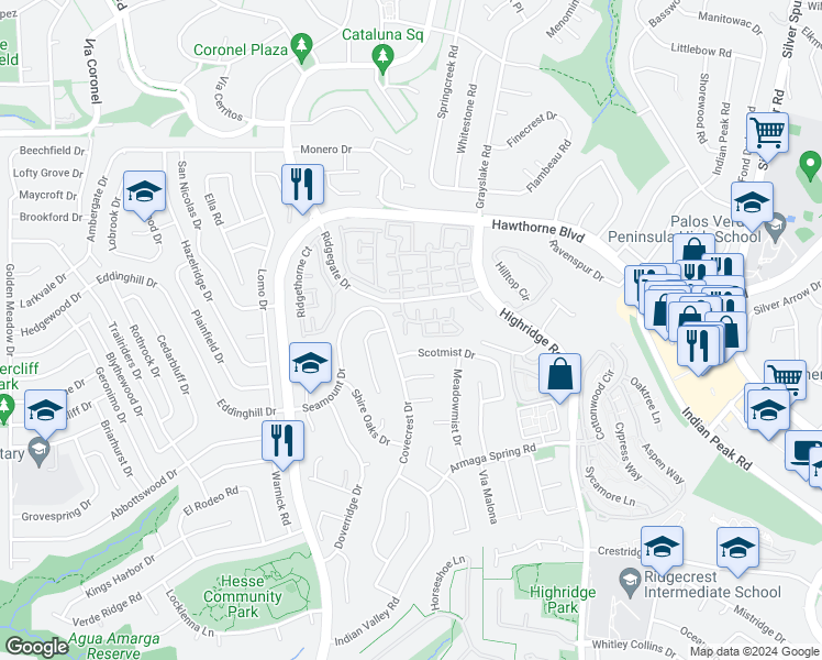 map of restaurants, bars, coffee shops, grocery stores, and more near 28145 Ridgecove Court South in Rancho Palos Verdes