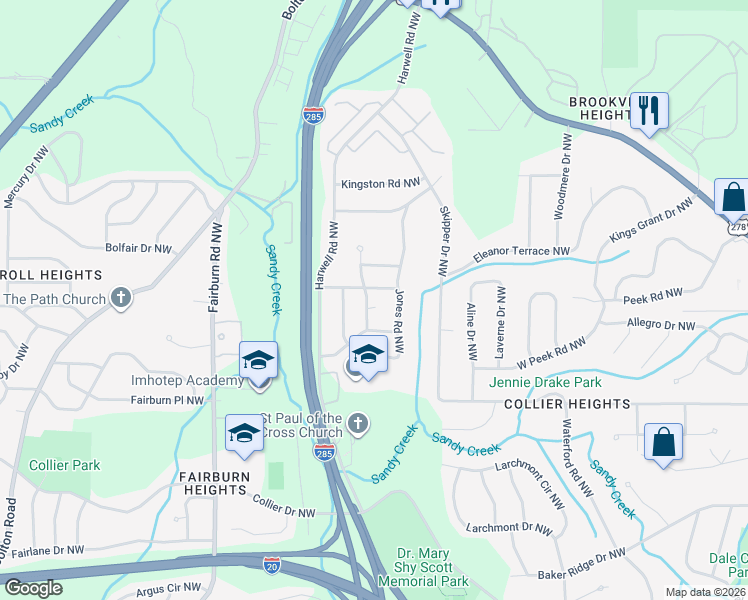 map of restaurants, bars, coffee shops, grocery stores, and more near 3229 Vanderbilt Lane Northwest in Atlanta