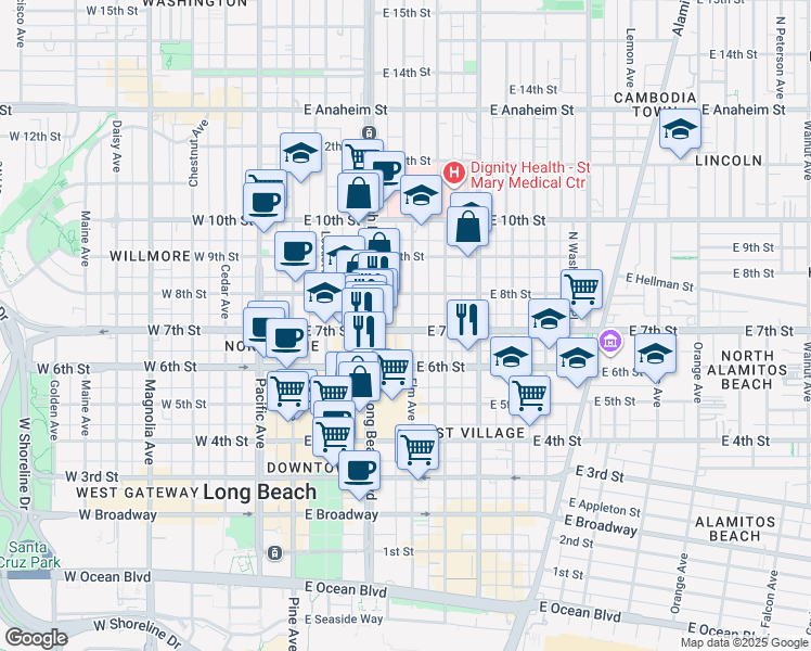 map of restaurants, bars, coffee shops, grocery stores, and more near 701 Elm Avenue in Long Beach
