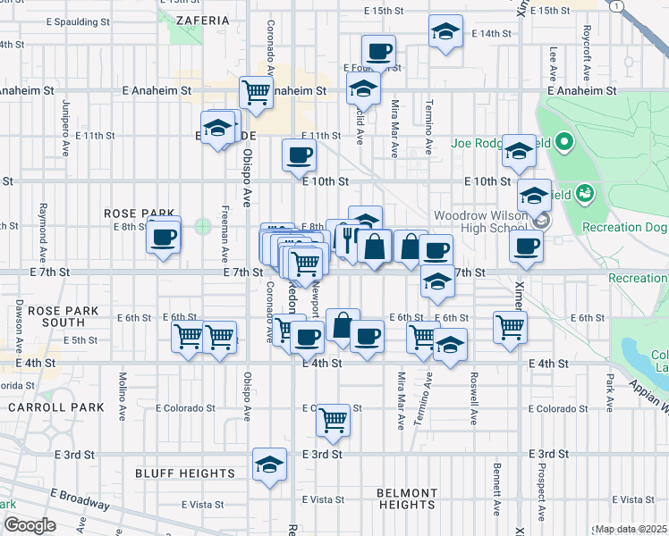 map of restaurants, bars, coffee shops, grocery stores, and more near 3535 East 7th Street in Long Beach