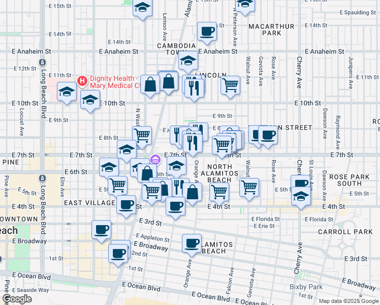 map of restaurants, bars, coffee shops, grocery stores, and more near in Long Beach