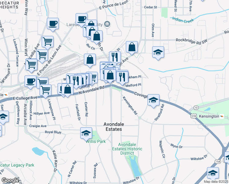 map of restaurants, bars, coffee shops, grocery stores, and more near 15 South Avondale Plaza in Avondale Estates