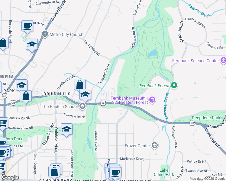 map of restaurants, bars, coffee shops, grocery stores, and more near 1634 Ponce De Leon Avenue Northeast in Atlanta