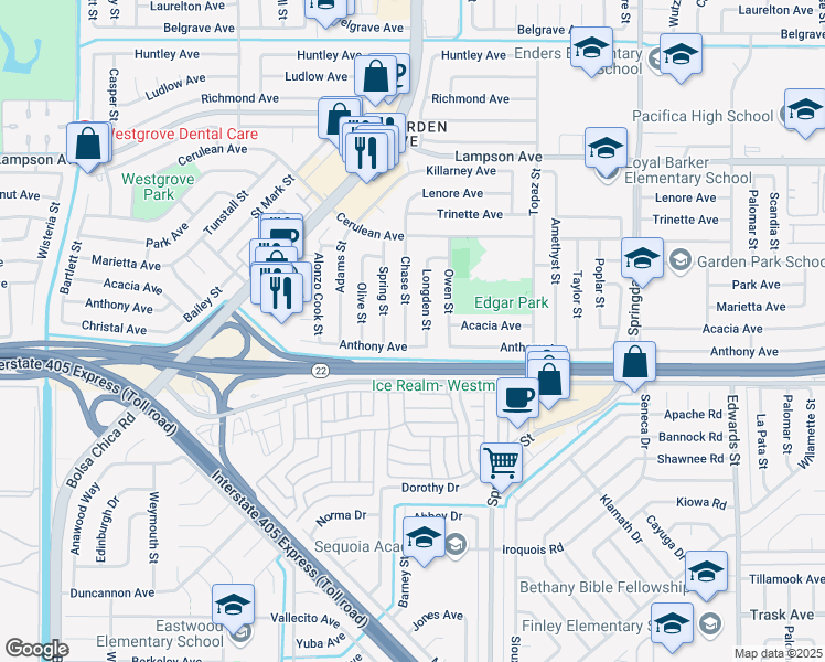 map of restaurants, bars, coffee shops, grocery stores, and more near 12871 Chase Street in Garden Grove