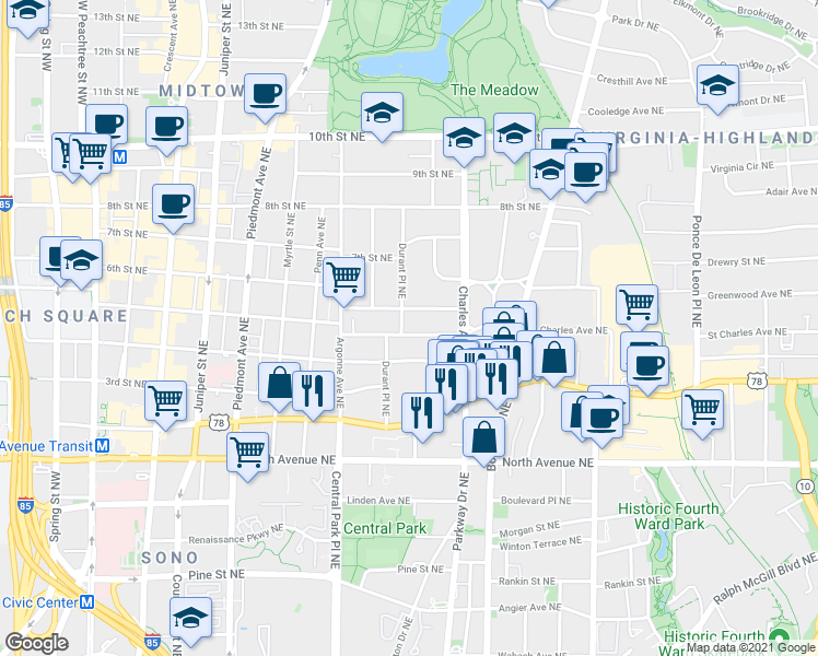 map of restaurants, bars, coffee shops, grocery stores, and more near 374 5th Street Northeast in Atlanta