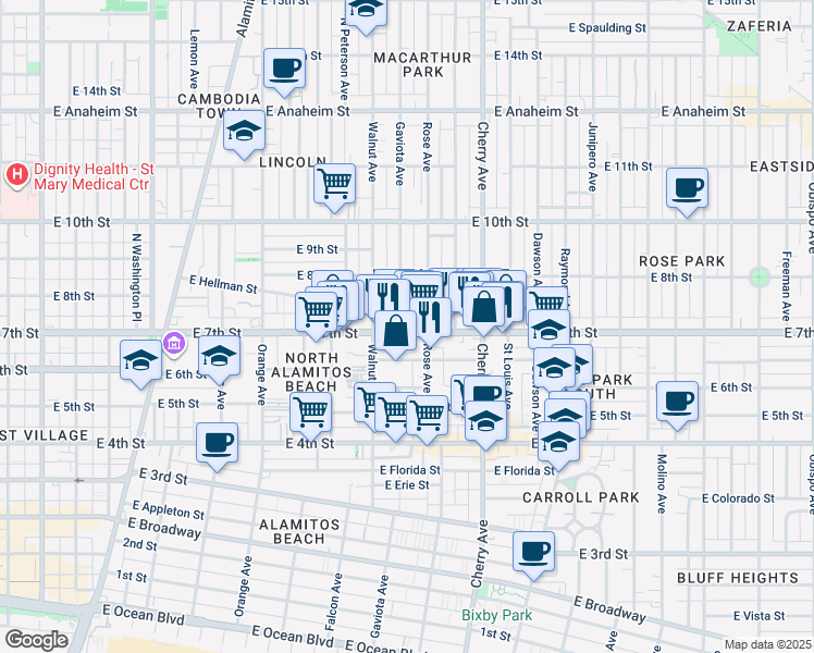 map of restaurants, bars, coffee shops, grocery stores, and more near 1715 East 7th Street in Long Beach