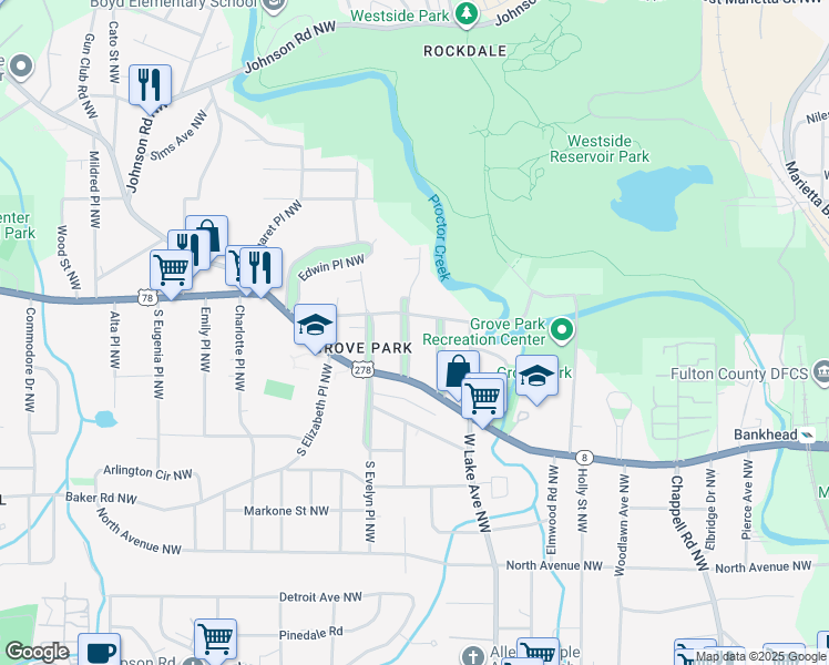 map of restaurants, bars, coffee shops, grocery stores, and more near 21 Gertrude Place Northwest in Atlanta