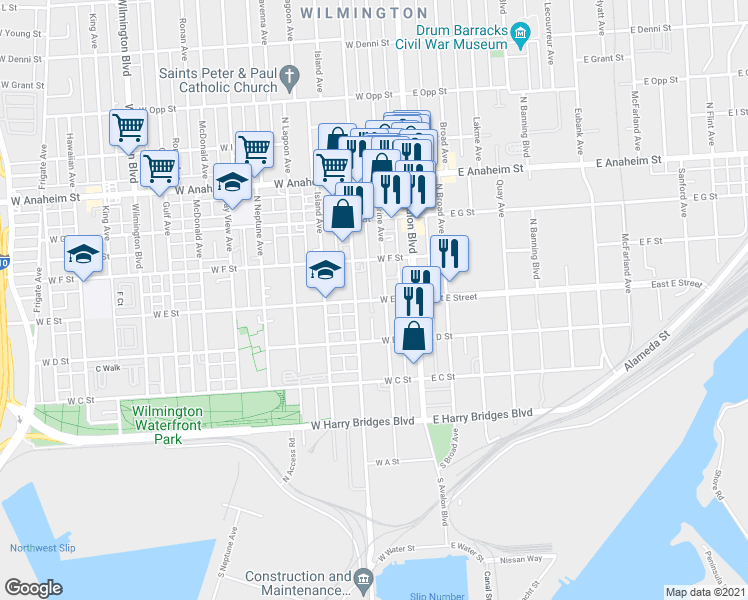 map of restaurants, bars, coffee shops, grocery stores, and more near 241 West E Street in Los Angeles