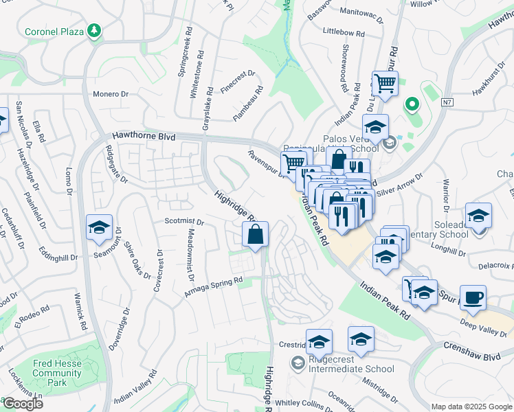 map of restaurants, bars, coffee shops, grocery stores, and more near 28125 Peacock Ridge Drive in Rancho Palos Verdes