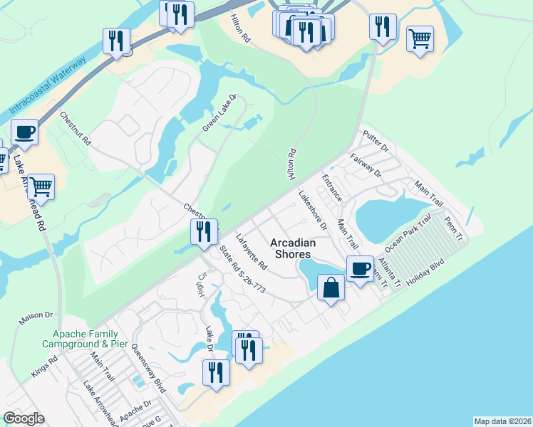 map of restaurants, bars, coffee shops, grocery stores, and more near 417 Arcadian Drive in Myrtle Beach