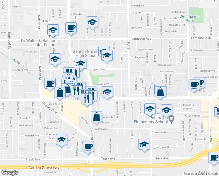 map of restaurants, bars, coffee shops, grocery stores, and more near 12892 Civic Center Drive in Garden Grove