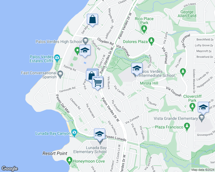 map of restaurants, bars, coffee shops, grocery stores, and more near 2301 Vía Rivera in Palos Verdes Estates