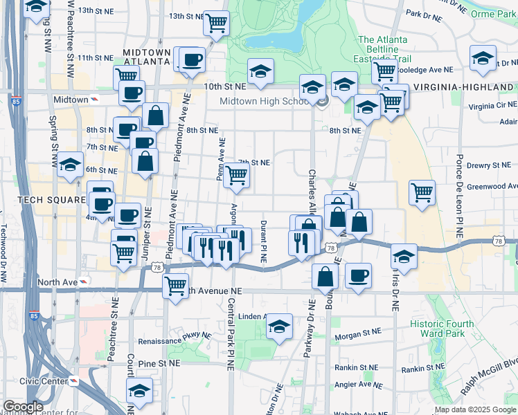 map of restaurants, bars, coffee shops, grocery stores, and more near 342 5th Street Northeast in Atlanta
