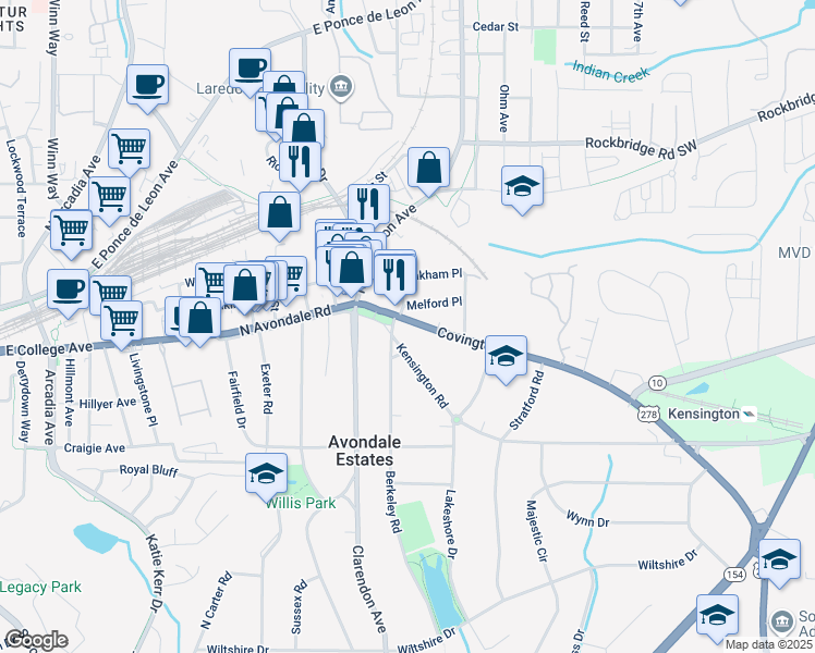 map of restaurants, bars, coffee shops, grocery stores, and more near 9 South Avondale Plaza in Avondale Estates