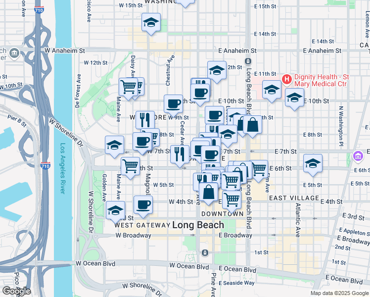 map of restaurants, bars, coffee shops, grocery stores, and more near 309 West 7th Street in Long Beach