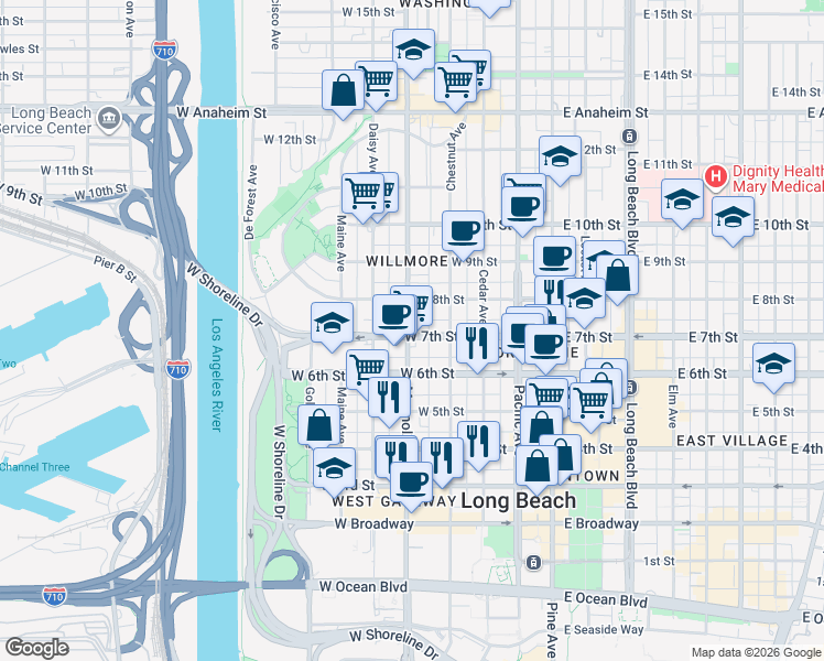 map of restaurants, bars, coffee shops, grocery stores, and more near 519 West 7th Street in Long Beach