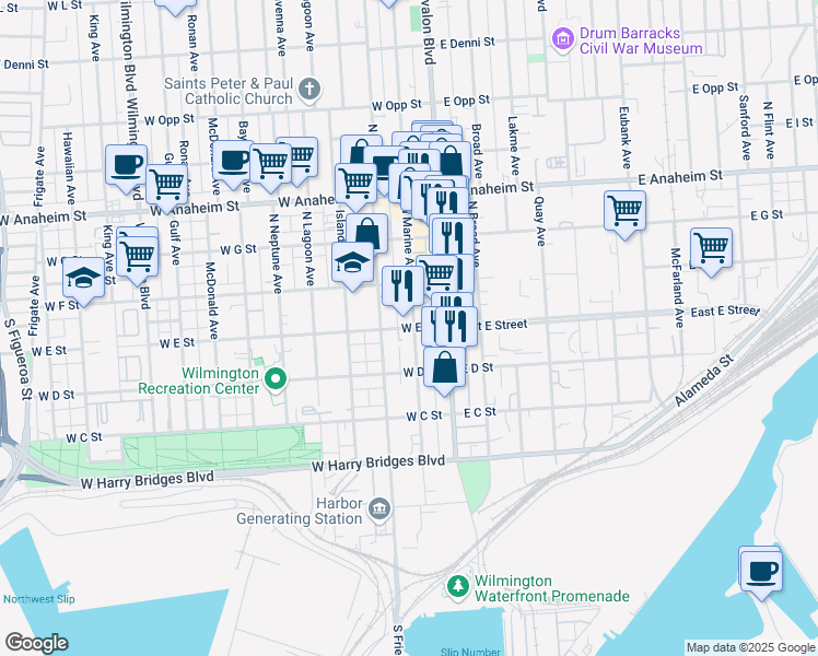 map of restaurants, bars, coffee shops, grocery stores, and more near 215 West E Street in Los Angeles